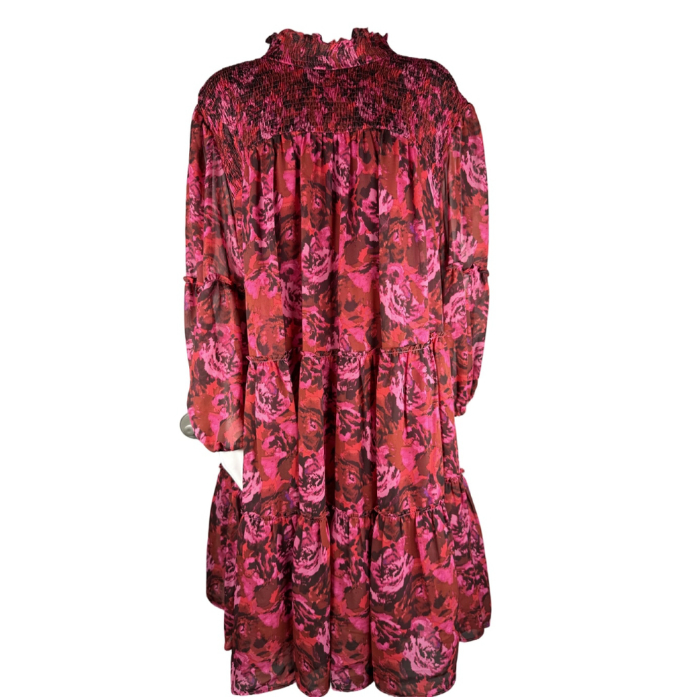 Maison Tara Floral Smocked Tiered Chiffon Mini Dress Red Pink XL